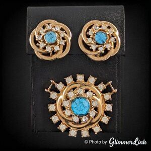 VTG 40s Gold Plated Rhinestones Rosette Unsigned High End Earrings & Brooch Set